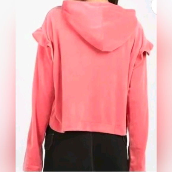 Adidas Womens Velour Hoodie Pullover Ruffle Sweatshirt in Hazy Rose, Size XL - Picture 2 of 9